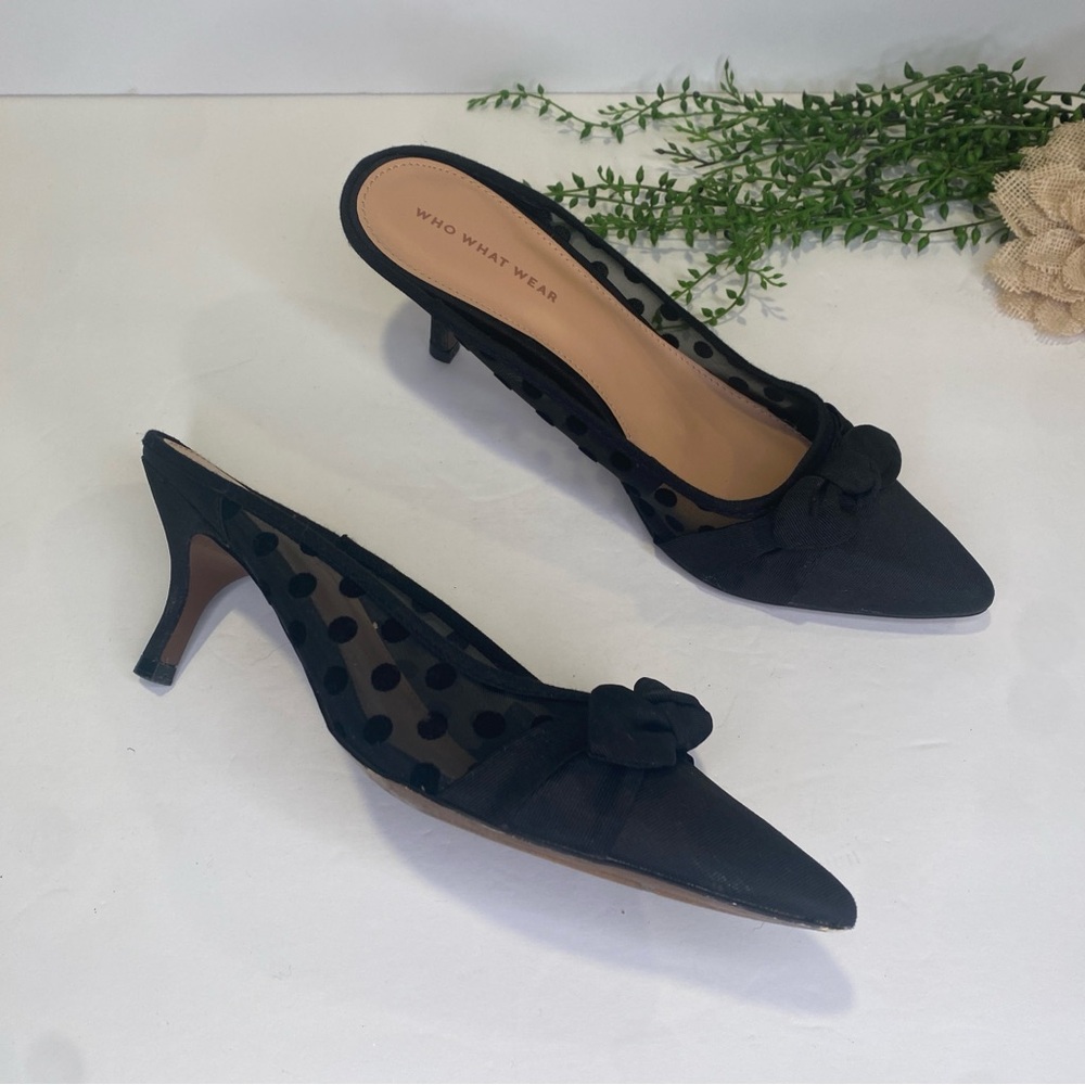 WhoWhatWear Black Mesh Polka Dot Bow Pointed Toe Mule Kitten Heel Slides Size 9